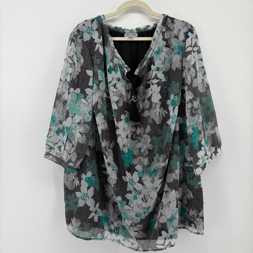 Catherines Size 1X Teal Grey Floral‎ Houndstooth Tassel V-Neck Chiffon Tunic Top